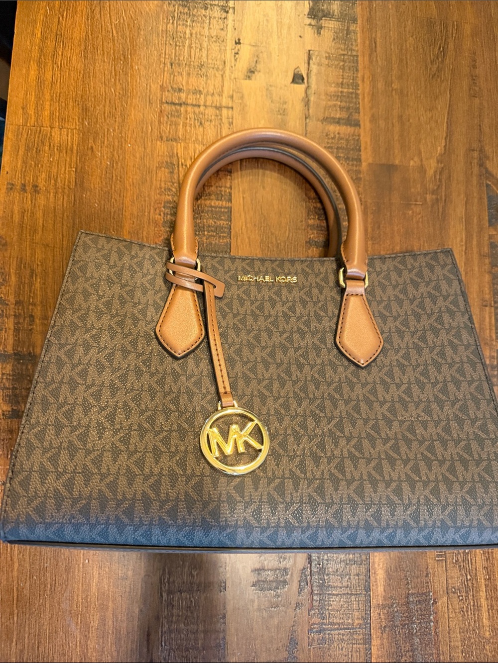 Michael Kors Brown Monogram Satchel with Gold MK Charm
